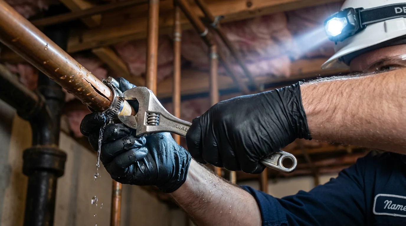 Emergency pipe clamp repair being performed by a Johns Plumbing LLC plumber in Stanleytown